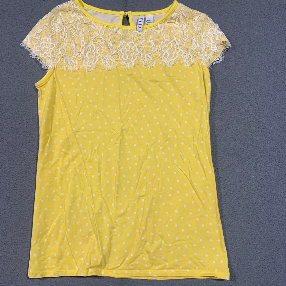 ELLE‎ Polka Dot Lace Top Women XS Yellow Cap Sleeve Floral Yoke